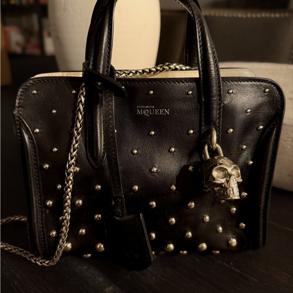 Alexander McQueen Mini Crossbody Black Leather Chain Bag Silver Hardware